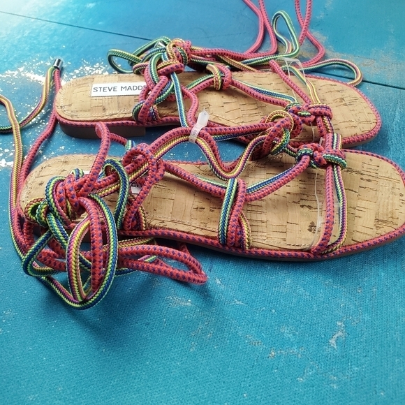 Steve Madden 6.5 Sensible Sandals in Multicolor Pink Blue‎ Yellow tie wrap Ankle - Picture 2 of 11